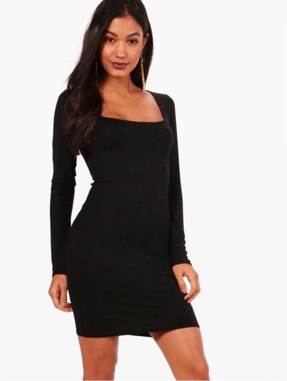 Forever 21 Black Long Sleeve Square Neck Bodycon Mini Dress - Emo Princess Goth